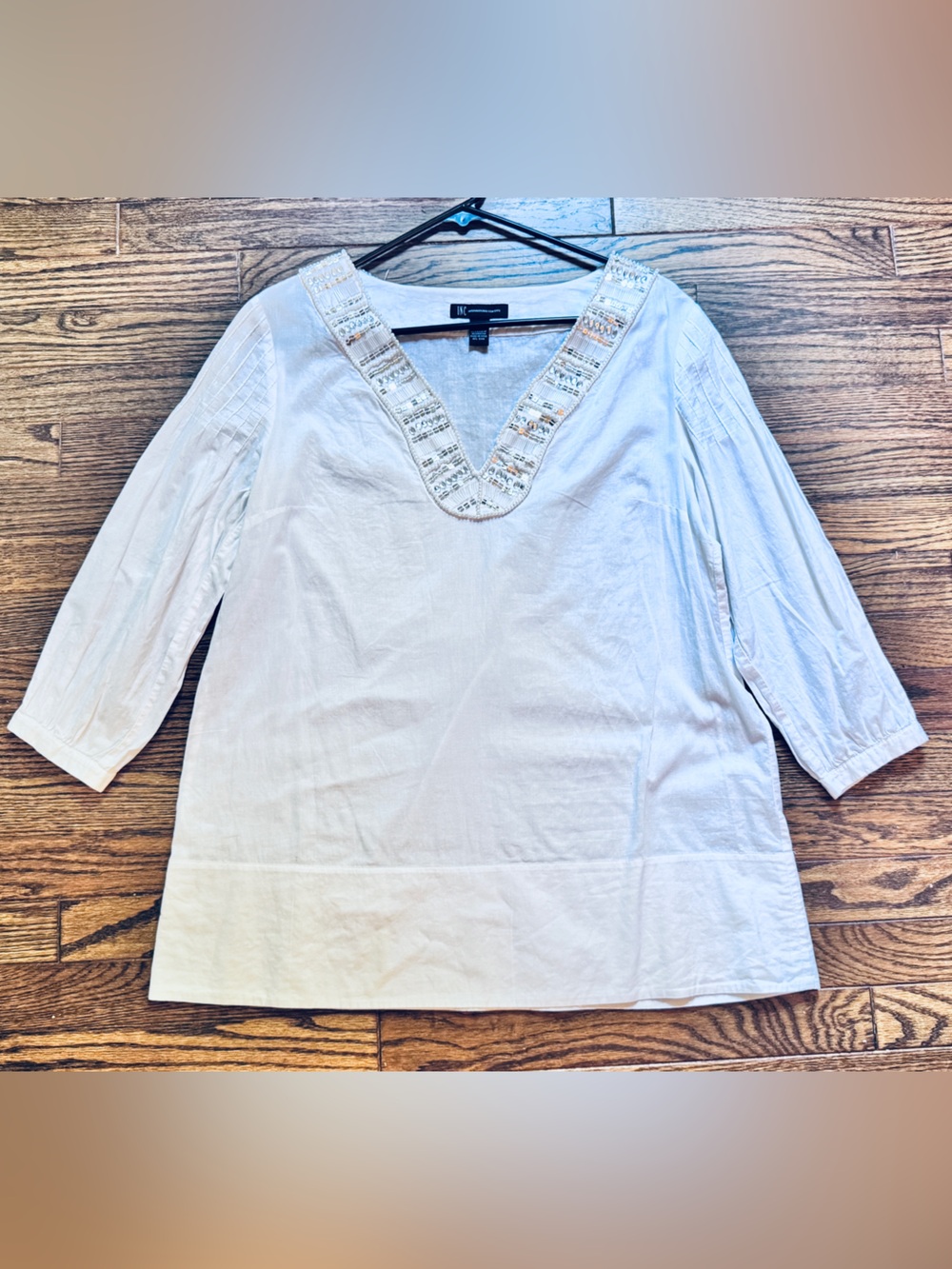 INC International Concepts White Beaded V-neck Tunic Blouse or Swim Cover Up